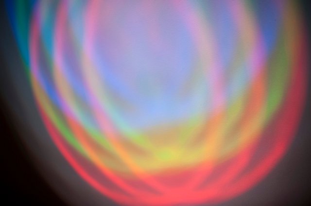 overlapping rings of light in red green and blue mixing to form white light