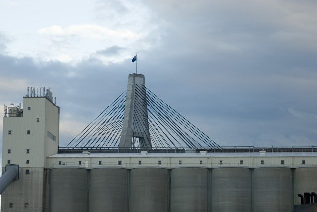 grain silos balmain with the anzac bridge behind